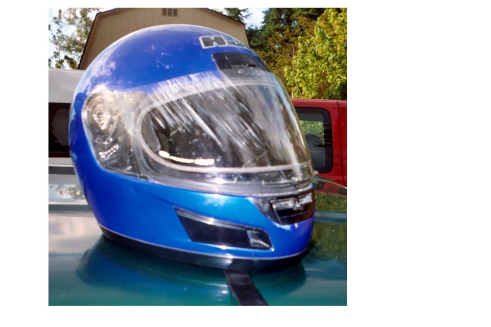 Damage on the helmet.