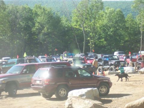 1996 Ford Bronco - A collection of off-road vehicles are gathered in a wooded area on a sunny day.