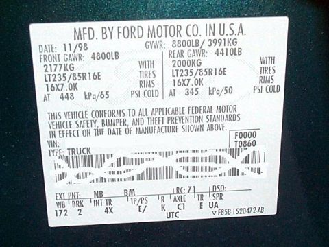 1999 Ford F-250 - This label indicates the vehicle was manufactured in November 1998, suggesting a 1999 model year.