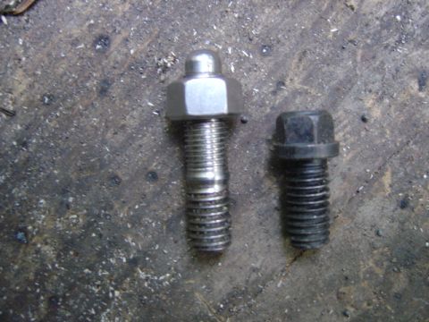 1986 Ford Bronco - header stud and header bolt. Studs aid in aligning the header while installing. I was only able to use 4 studs on the dirver side. The othe…