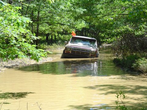 1979 Ford Bronco - This SUV navigates a challenging water obstacle on a wooded trail.