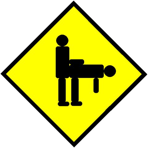 1995 Ford Bronco - A yellow diamond warning sign displays a black silhouette of two people in a sexual position, with website text at the bottom.