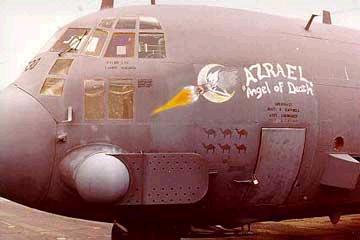 1988 Ford Bronco - A Lockheed C-130 Hercules aircraft is shown with distinctive nose art depicting 'AZRAEL Angel of Death' and a string of camels.