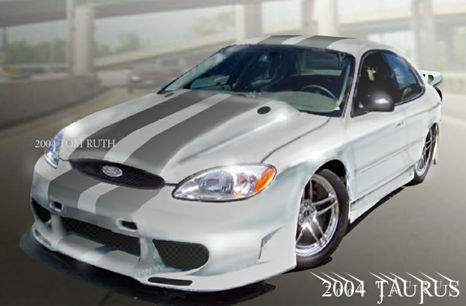 Silver Ford Taurus with gray racing stripes and custom body kit, front 3/4 view