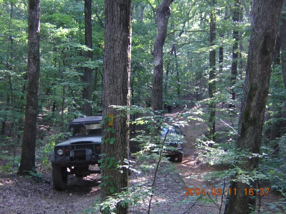Green Jeep Cherokee on a dirt path in a forest, front quarter view. It has a winch and a roof rack