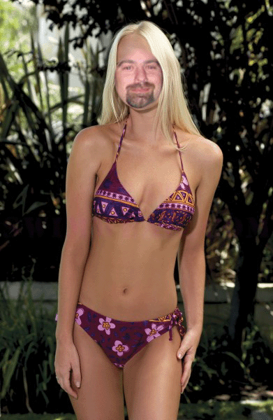 1995 Ford Bronco - Photo shows a woman in a bikini with a superimposed male face against a blurred outdoor background.