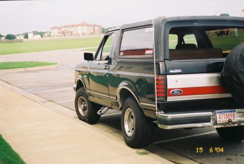 1988 Ford Bronco - The rear of a dark green Ford Bronco is visible, parked next to a curb with a red and white stripe on the tailgate.