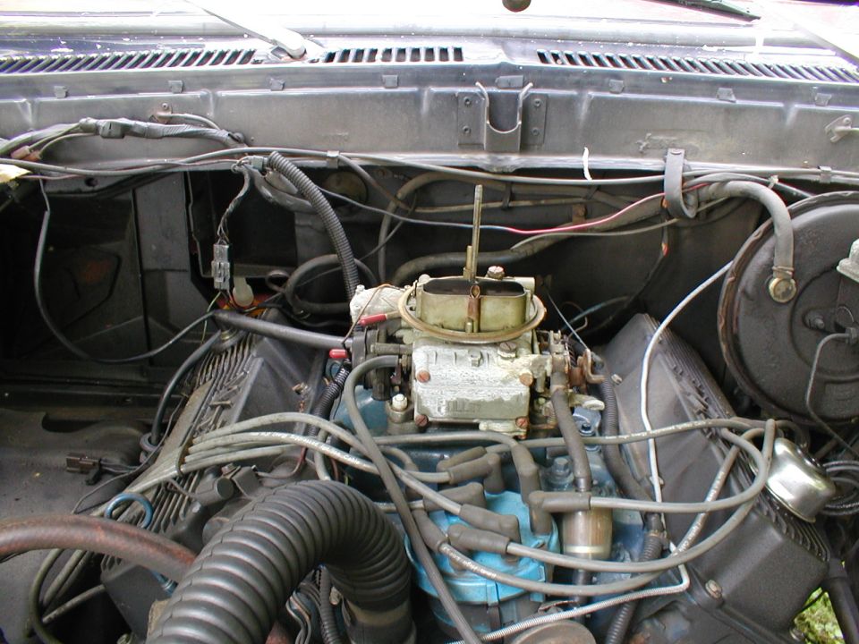 Engine bay with carburetor and blue valve covers