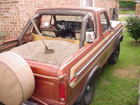 1979 Ford Bronco - 1 cu yd of pea gravel. (2700 lbs) Not bad for a "1/2 ton" truck! 5150# empty w/o top and 7850# loaded.