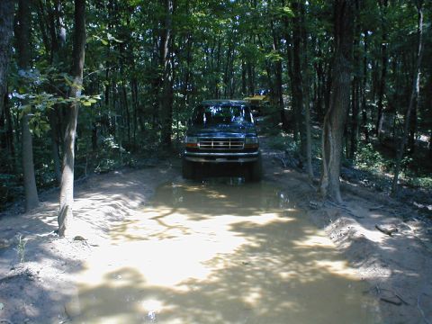 1995 Ford Bronco - Ford Bronco navigating a muddy trail in a wooded area.