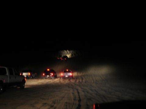 1985 Ford Bronco - A convoy of vehicles navigates sandy terrain under the cover of darkness, their headlights cutting through the night.