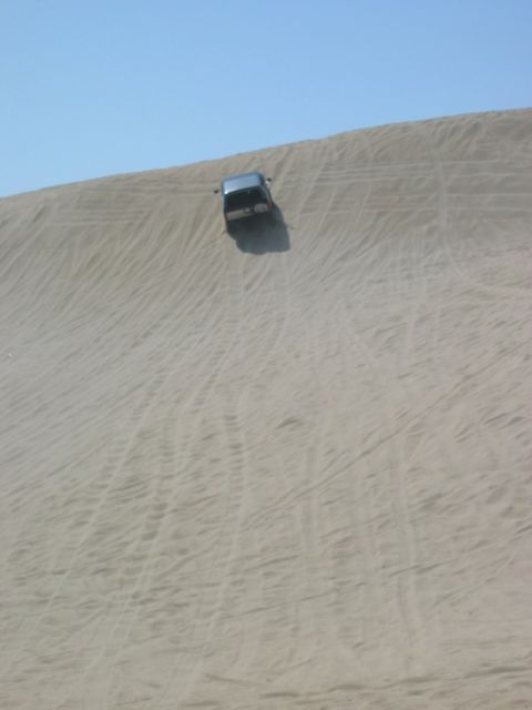 1985 Ford Bronco - SUV navigates a steep sand dune, leaving tracks in the sand under a clear blue sky.
