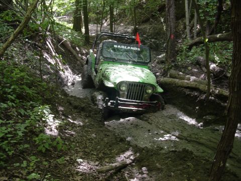1992 Ford Bronco - An off-road vehicle navigates a muddy, wooded path, its tires deep in the mire.
