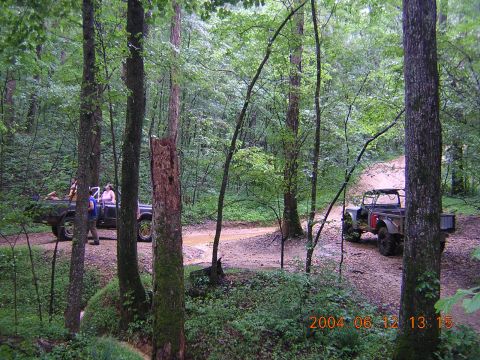 1984 Chevrolet Blazer - Two vehicles navigate a muddy path through a dense forest with lush green foliage.