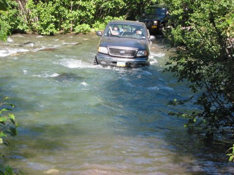 1985 Ford Bronco - Two trucks navigate a shallow river surrounded by dense green foliage.