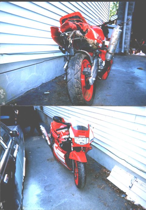 1994 Ford Bronco - A red sport motorcycle is parked in a driveway next to a house.