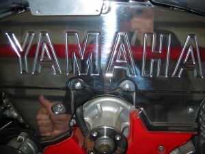 1993 Ford Taurus - Close-up of a shiny Yamaha engine component, the brand name in raised chrome lettering.