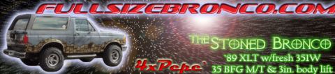 1989 Ford Bronco - Web signature banner reading 'FULLSIZEBRONCO.COM' and 'The Stoned Bronco: '89 XLT w/ fresh 351W, 35 BFG M/T & 3in body lift,' with a cutout…