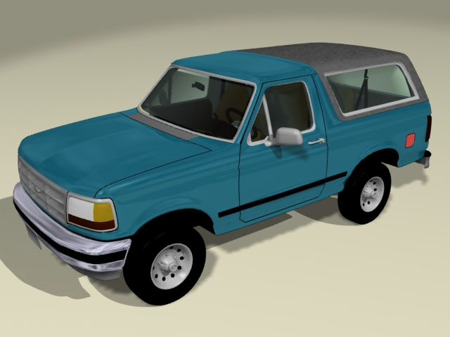 3D render of a teal Ford Bronco with gray top, high front three-quarter view