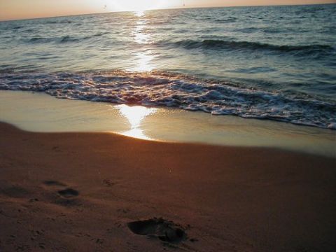 1997 Ford Taurus - The sun sets over the ocean, casting a warm glow on the beach with footprints in the sand.