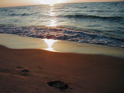 Footprints on a sandy beach with waves rolling in at sunset