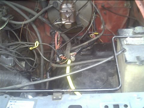 1985 Ford Bronco - Close-up view of a vehicle's engine bay, showing various hoses and electrical wiring.