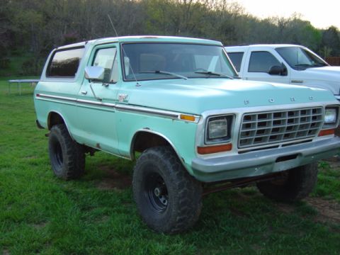 1979 Ford Bronco - A 1978 Ford Bronco is parked on a grassy field next to a white pickup truck.