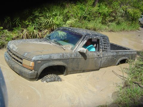 1993 Ford Bronco - A mud-splattered pickup truck is stuck deep in a muddy mire, with only the driver visible inside.