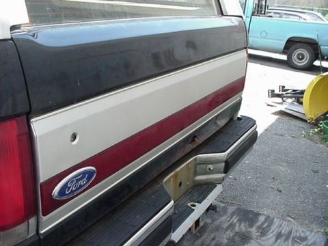 1989 Ford Bronco - The rear of a 1989 Ford Bronco shows its distinctive two-tone paint scheme and Ford badging.