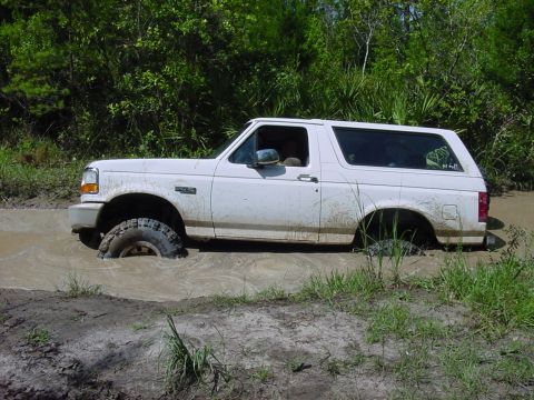 1986 Ford Bronco - White Ford Bronco stuck in mud, front wheel submerged in water and dirt.
