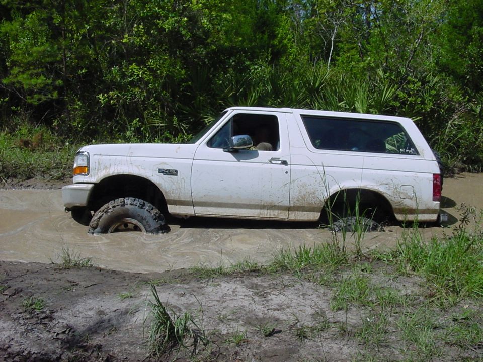 White Ford Bronco stuck in mud, front wheel submerged