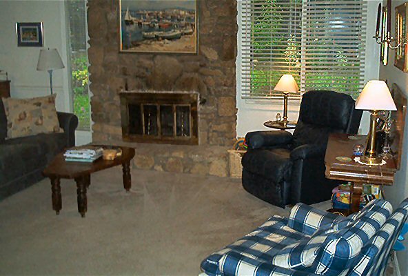 Living room with stone fireplace, dark recliner, plaid sofa and wooden coffee table