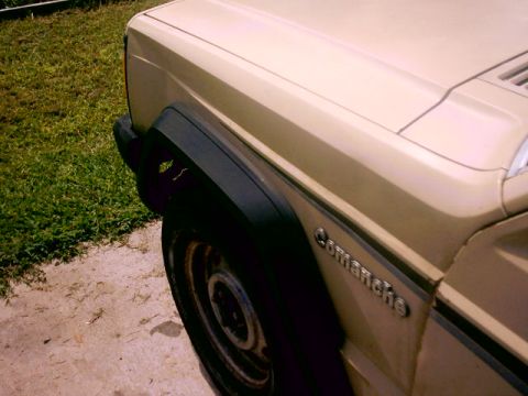1980 Ford Bronco - Close-up of a Jeep Comanche pickup truck's side panel and fender, parked outdoors.