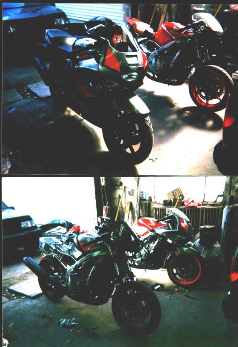1994 Ford Bronco - Multiple motorcycles are parked inside a garage or workshop, with tools scattered on the floor.