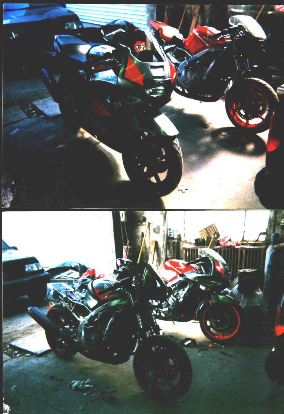Two scanned photos of Honda sportbikes parked in a cluttered garage, one stripped down