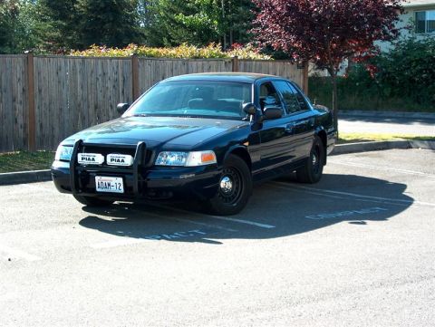 2001 Ford Crown Victoria - This police car has a push bar and auxiliary lights mounted on the front.