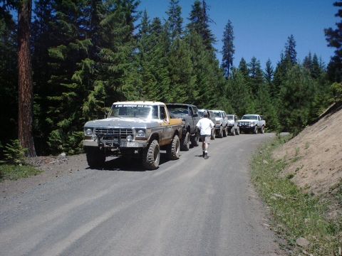 1978 Ford Bronco - A convoy of off-road vehicles travels down a dusty, tree-lined road on a sunny day.