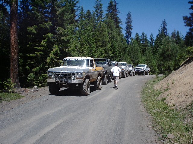 Several off-road vehicles, including a 1978 Ford Bronco, drive down a dirt road in a forest