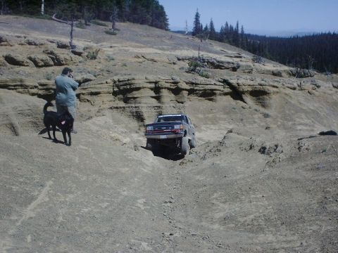 1978 Ford Bronco - A dark blue pickup truck tackles a challenging off-road trail on a sunny day.