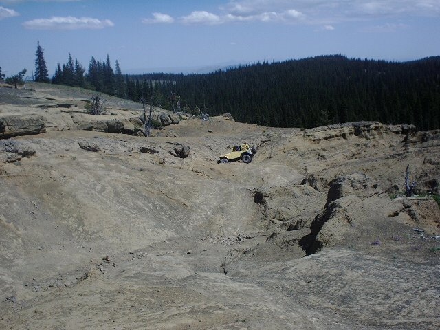 yellow Jeep Wrangler driving on a rocky, off-road trail with trees in the background