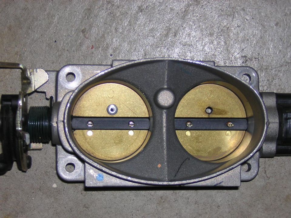 Dual throttle body with brass plates and black butterfly valves