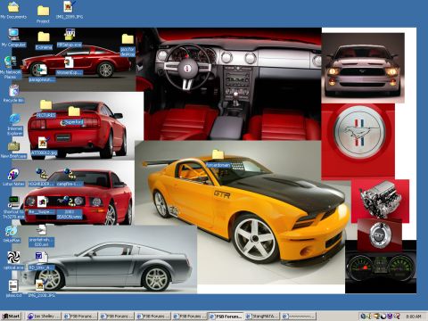 1995 Ford Bronco - A yellow Ford Mustang GTR is prominently displayed with a black hood and racing stripes, alongside other Mustang images and interior shots.
