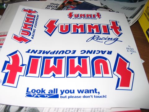 1988 Ford Bronco - A sheet of Summit Racing Equipment decals is shown, multiple logo designs and a humorous warning.