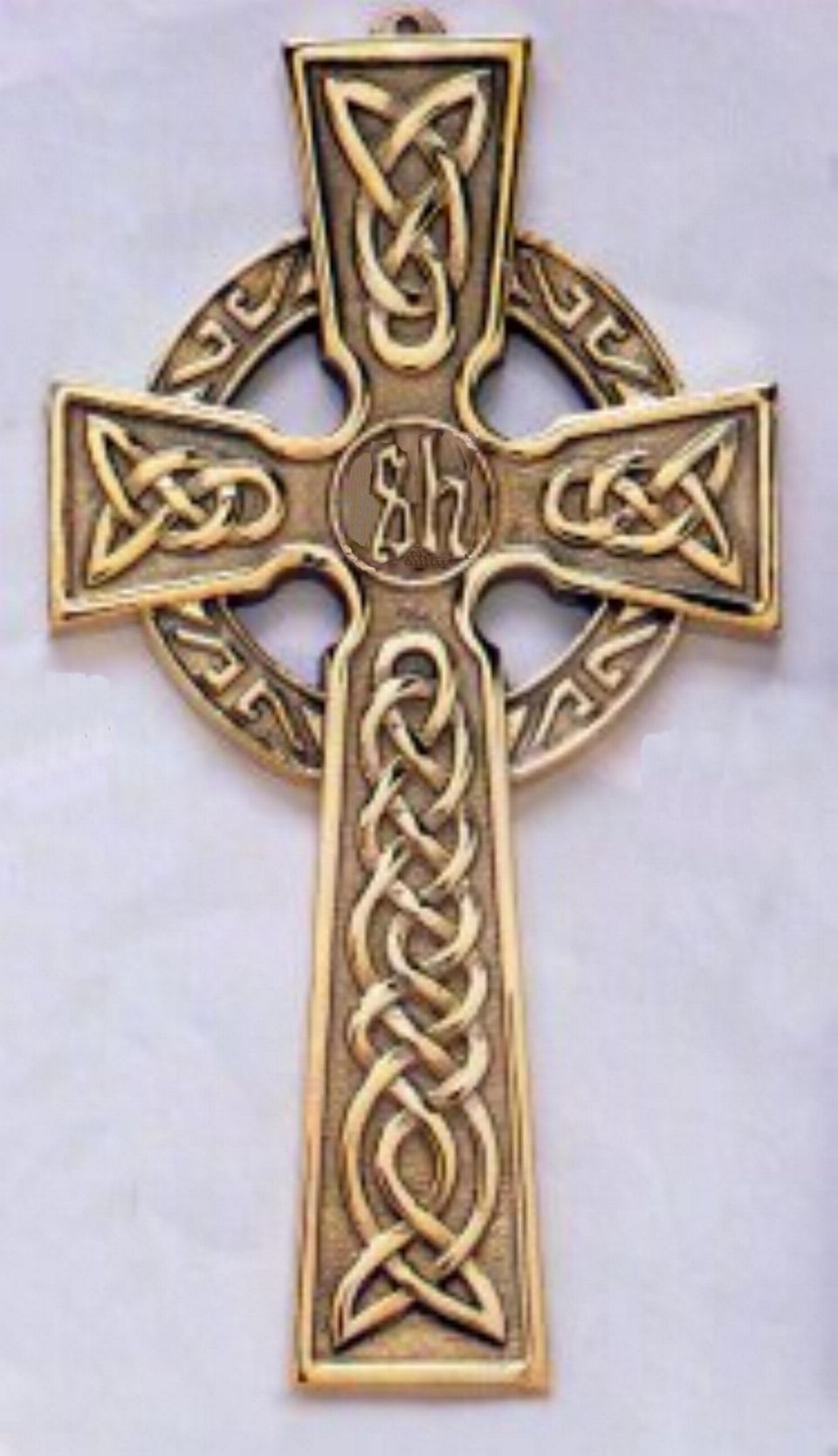 Brass Celtic high cross with knotwork carving and IHS monogram at the center