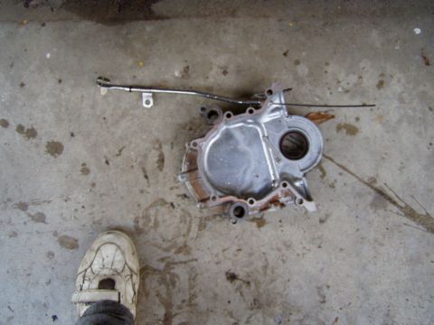 1985 Ford Bronco - A detached engine timing cover is shown on a concrete surface, with a shoe for scale.
