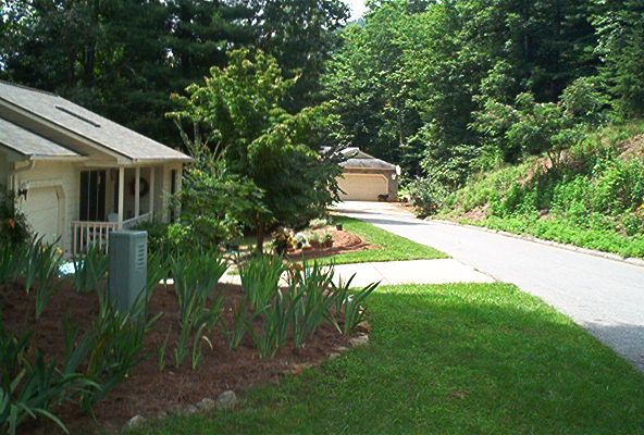 Residential street with a house, garage, and manicured landscaping