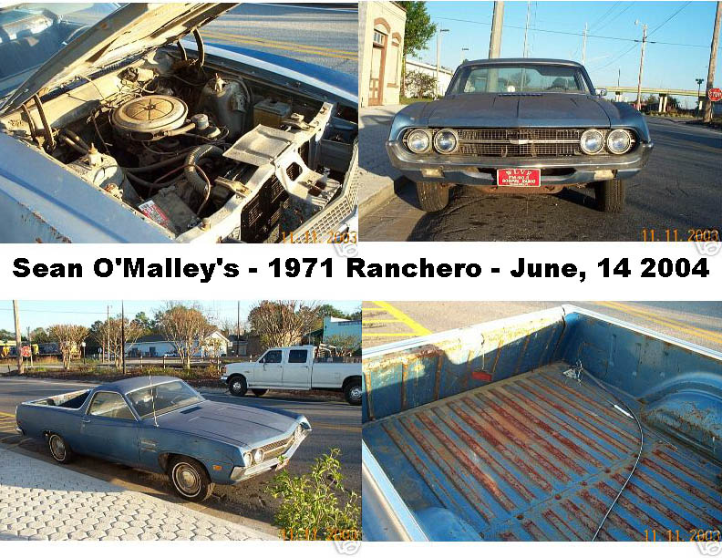Collage of blue 1971 Ford Ranchero: engine bay, front view, side view, and rusty bed