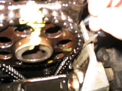1986 Ford F-150 - A close-up view of engine timing components, including a chain and gears, with visible yellow grease.