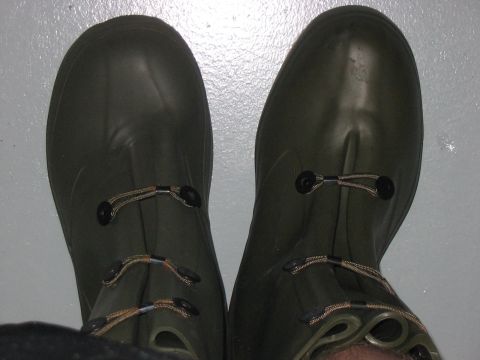 1988 Ford Bronco - A close-up view of two green rubber boots, each with three sets of elastic laces and toggles.