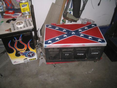 1981 Ford Bronco - A toolbox is decorated with a Confederate flag design, red, white, and blue colors.